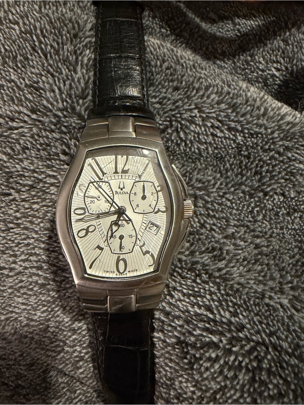Bulova Silver-Toned Dial Watch with Black Strap